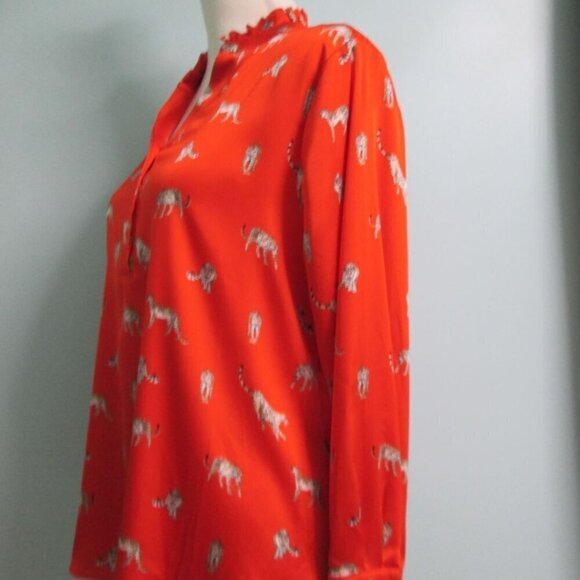 Nwot Leopard-Print Ruffle-Neck Long Sleeve Blouse-Reddish Orange-1P/8 - Picture 3 of 16